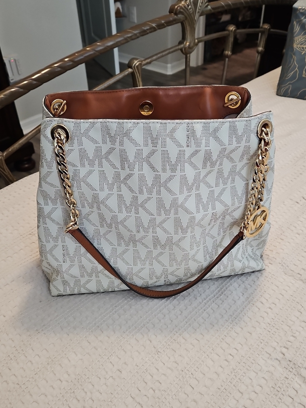 Michael Kors White Logo-Print Tote with Gold Chain Handles